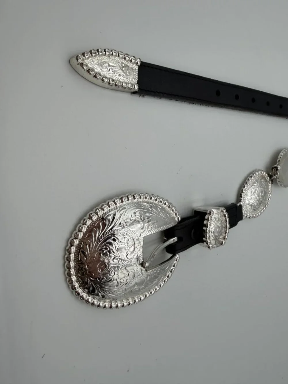 Tony Lama Black Leather Belt with Engraved Silver Conchos